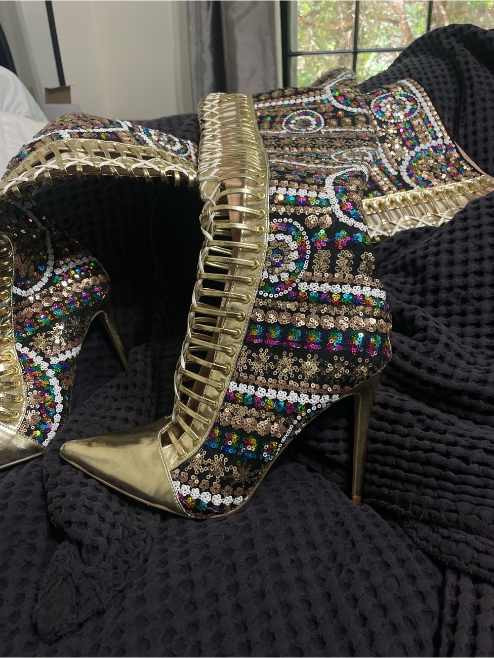 Sequin embossed, gold thigh Stiletto Boots - Women - Picture 5 of 13